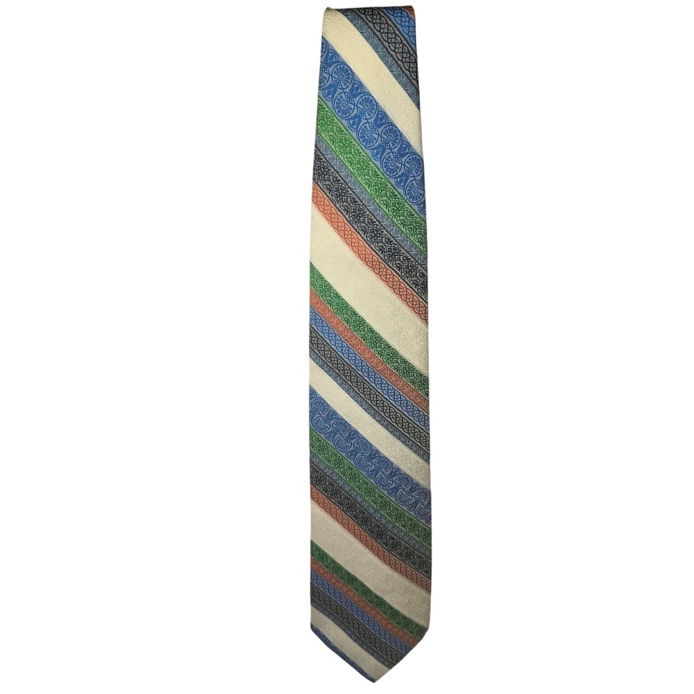 VINTAGE Beau Brummell Polyester Neck Tie‎ Blue Green Black Orange White Stripes